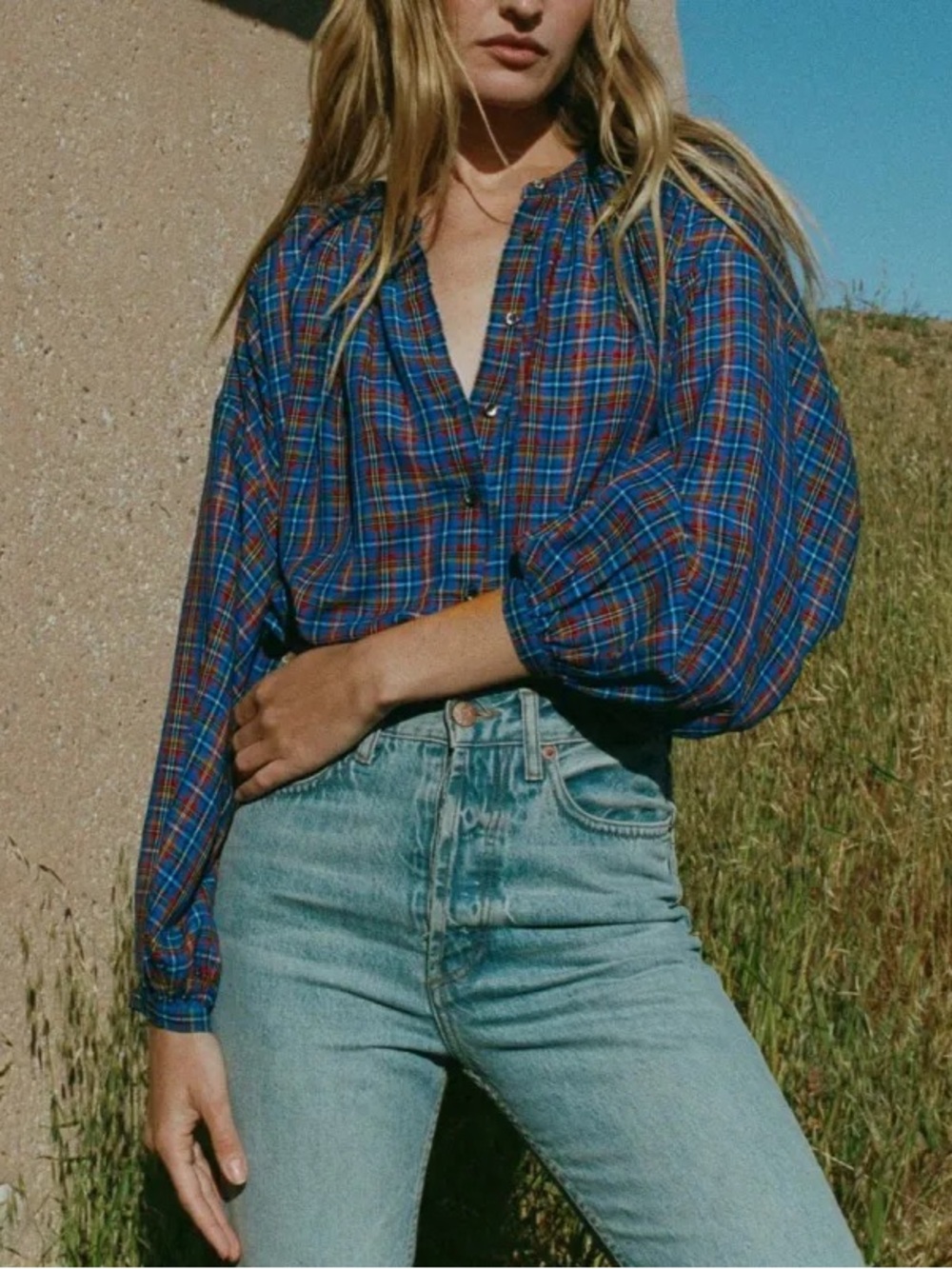 DOEN THE JANE BLOUSE -- AZURE FRENCH PLAID SZ SM